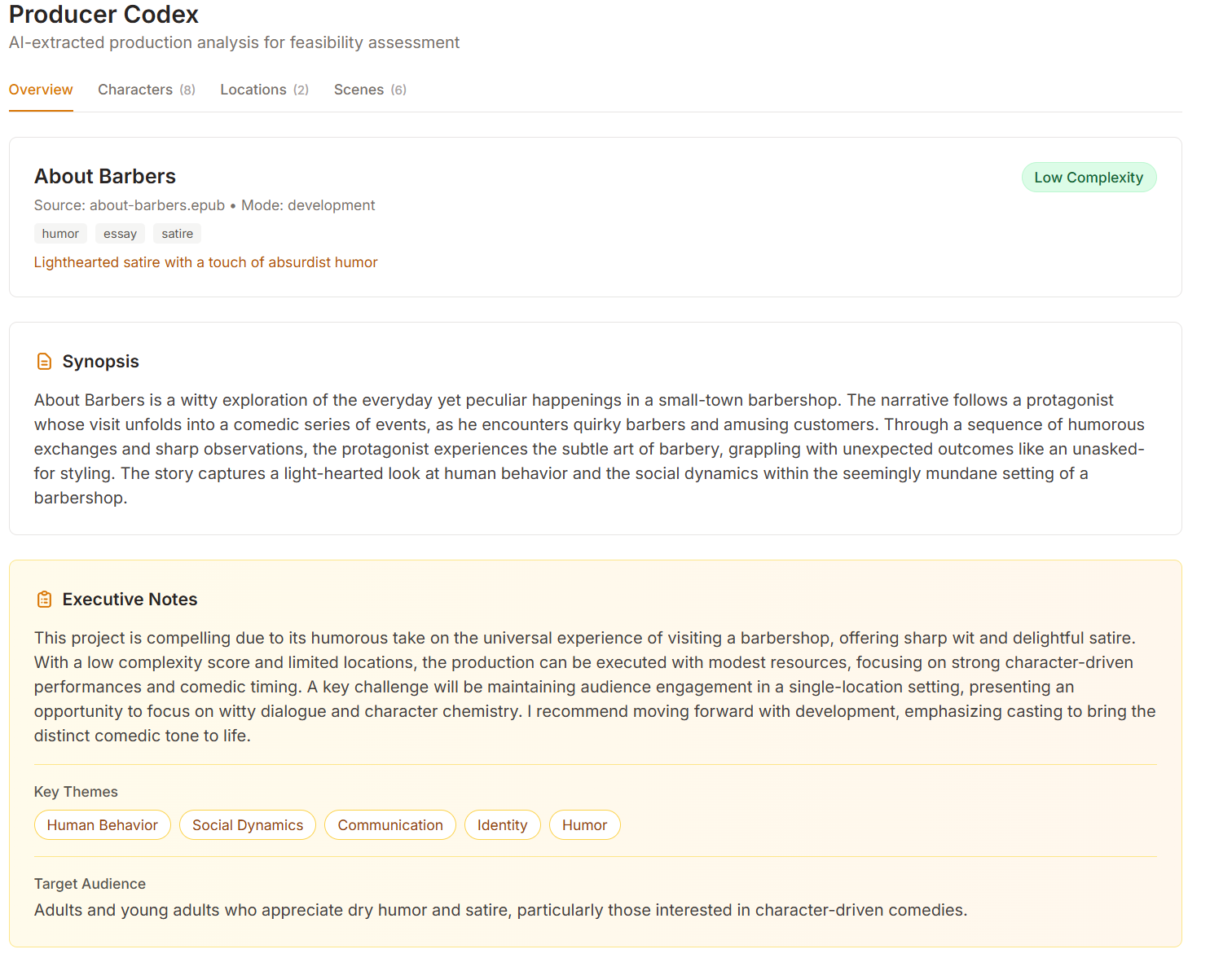 Producer Codex showing AI-generated synopsis, executive notes, themes, and target audience from uploaded script