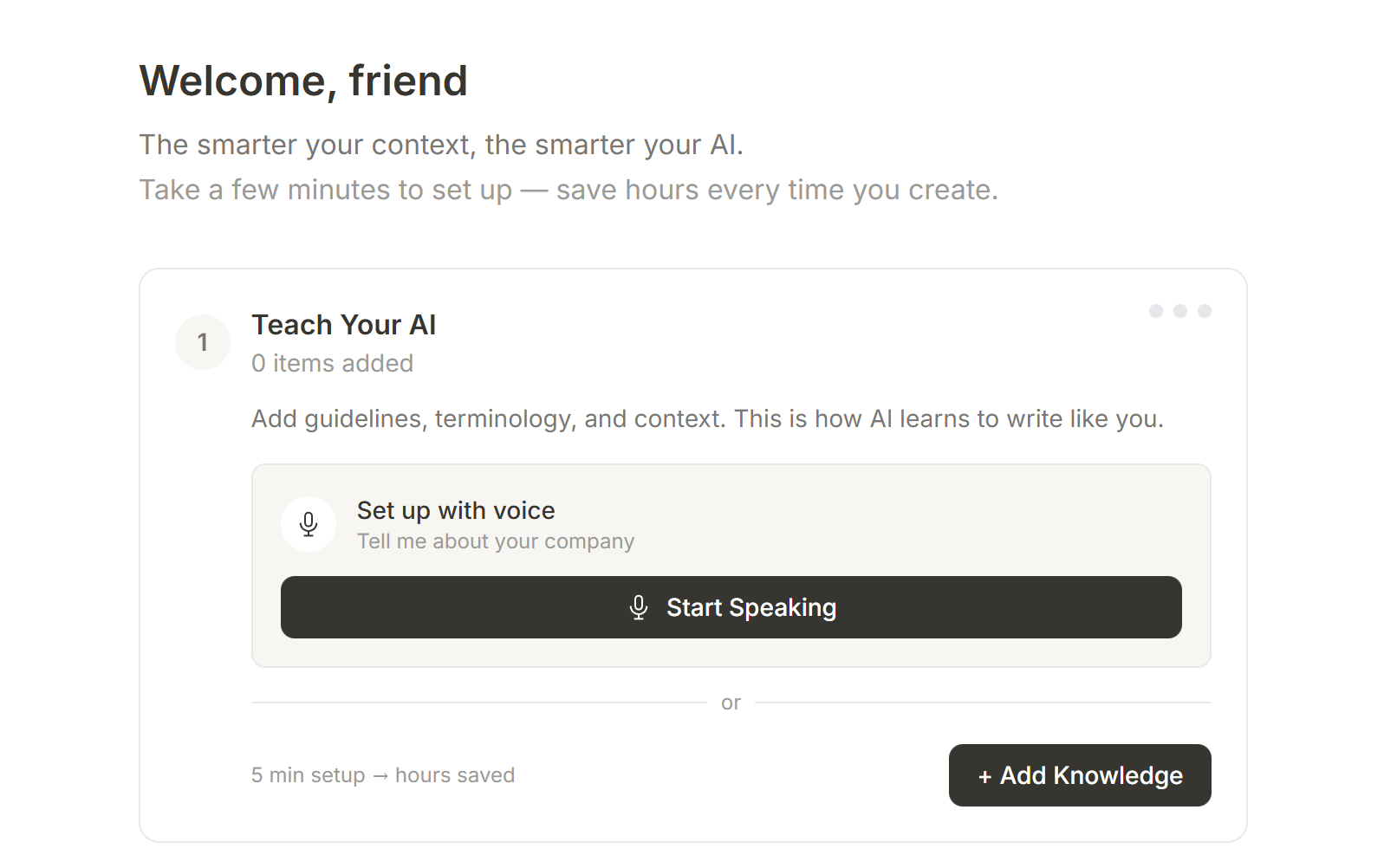 AIMgr project home — three-step setup: Teach Your AI, Gather Your Materials, Create with Context