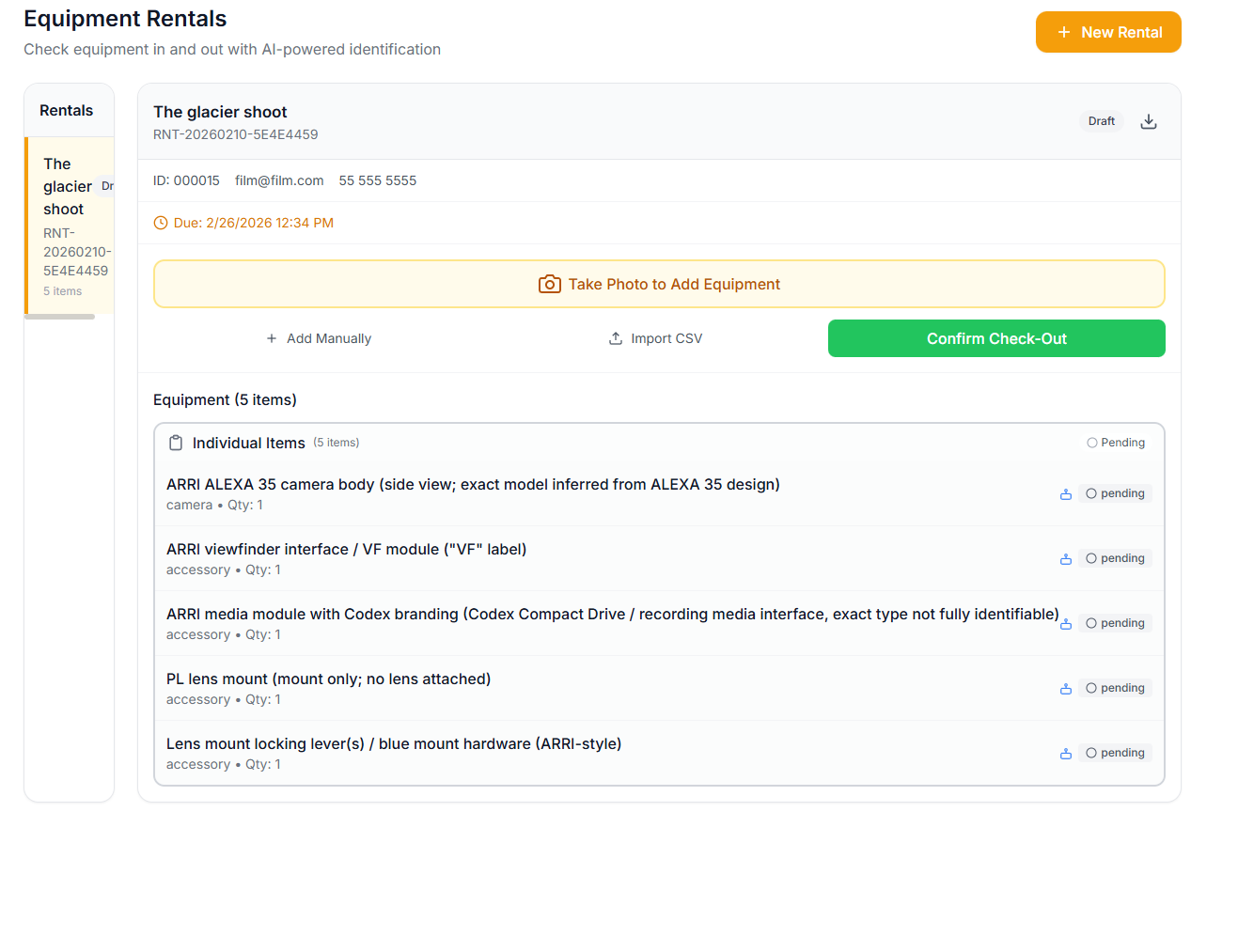 AI identified 5 items from a single equipment photo — ARRI ALEXA 35, viewfinder, Codex media module, PL lens mount, and locking levers