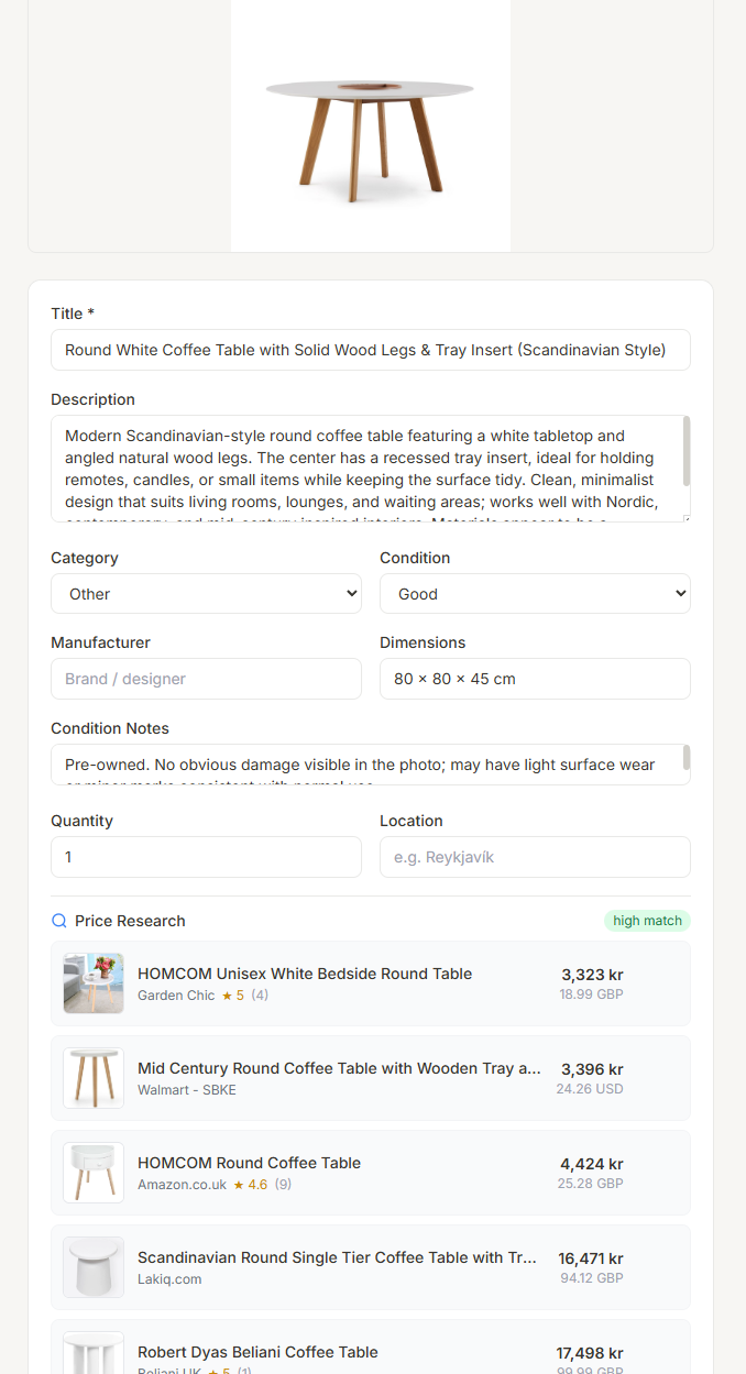 Marketplace listing with AI-generated description and Google Shopping price research showing multiple retailers with prices